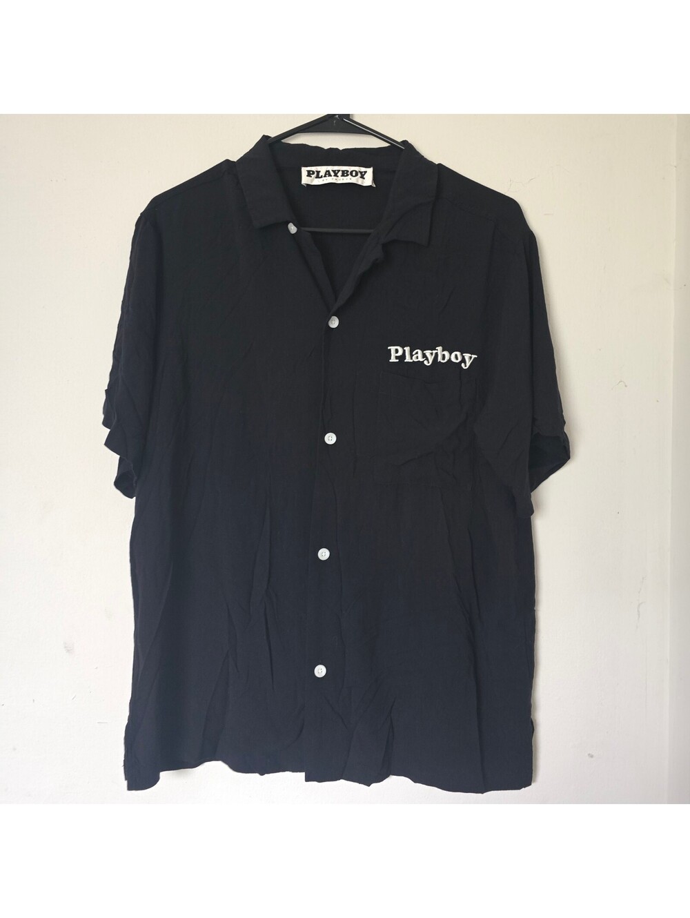 PacSun Playboy Mens Small Black Embroidered Logo Short Sleeve Camp Collar Shirt